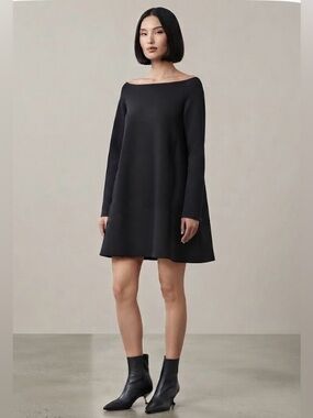 Maria Pinto Black Long Puff Sleeve Boatneck Trapeze Dress